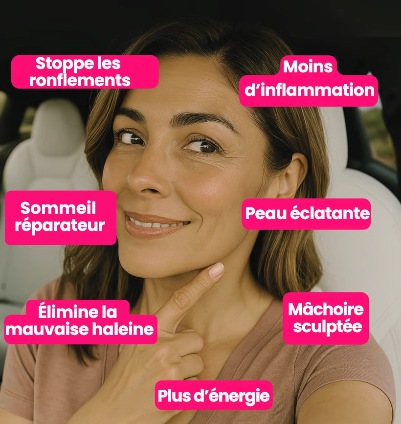 Smiling woman with text labels in French describing health benefits.