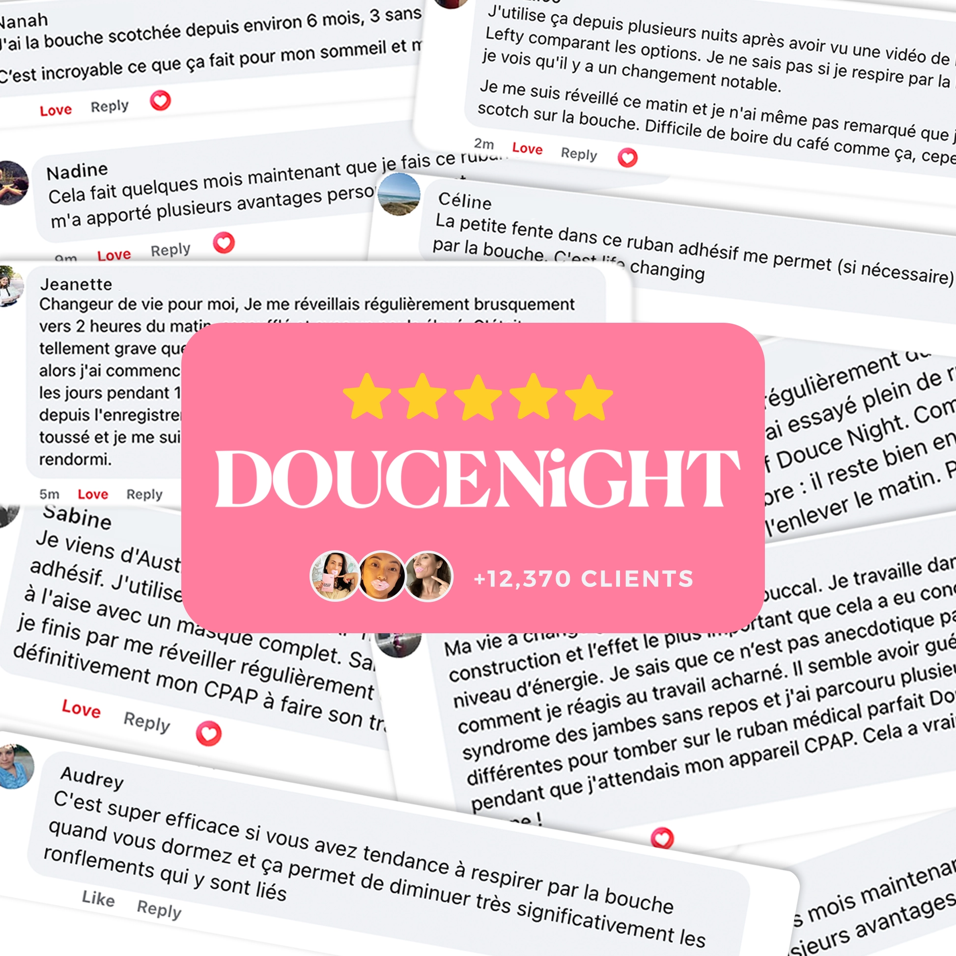Collage of French text comments with a pink banner labeled 'DOUCENiGHT' and star ratings.