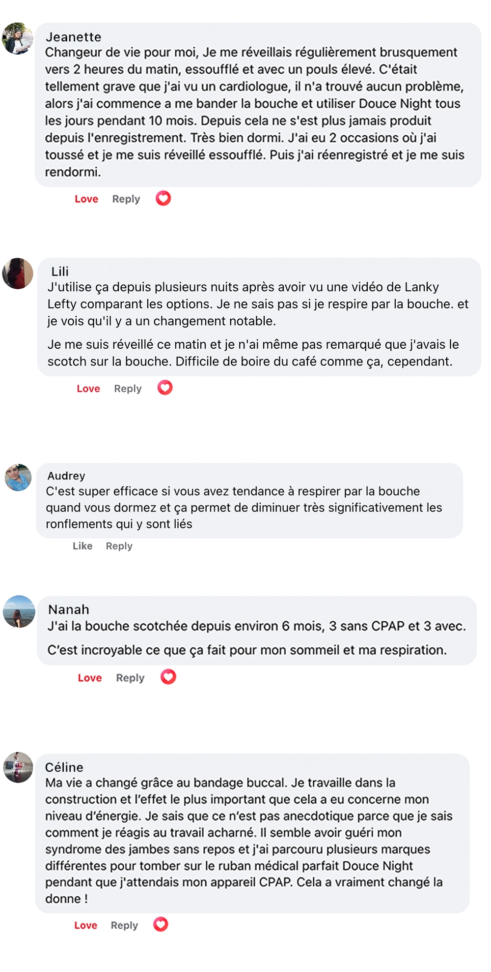 French text comments discussing experiences with mouth taping for sleep improvement.