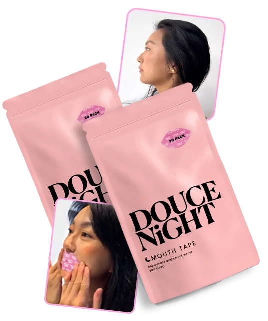 Pink packaging of 'Douce Night' mouth tape with a woman applying it.