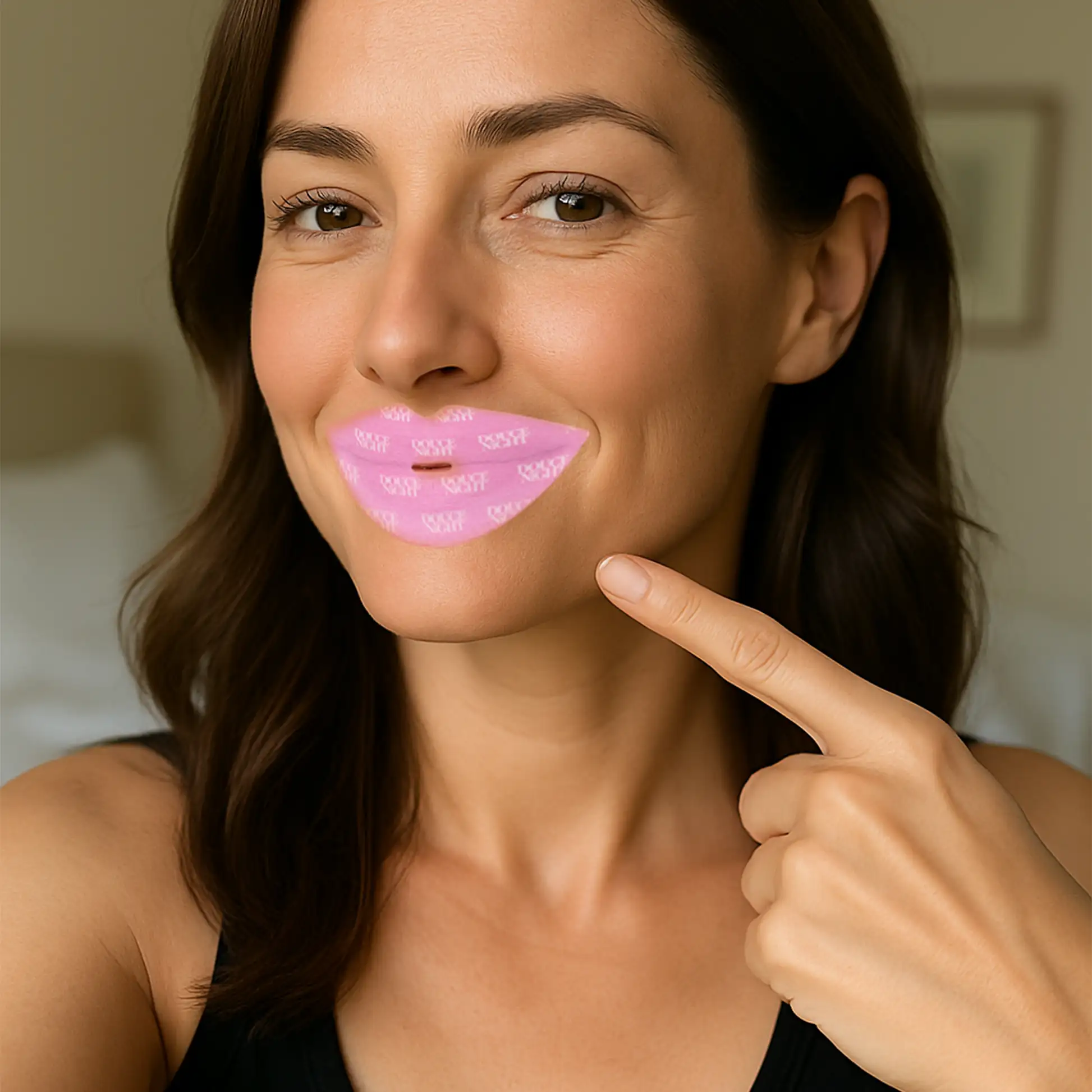 Woman pointing to her lips with a pink overlay.