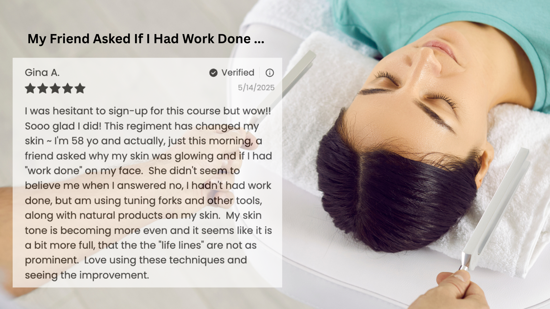 A woman in a pink headband holds a black and a pink facial tool to her face.