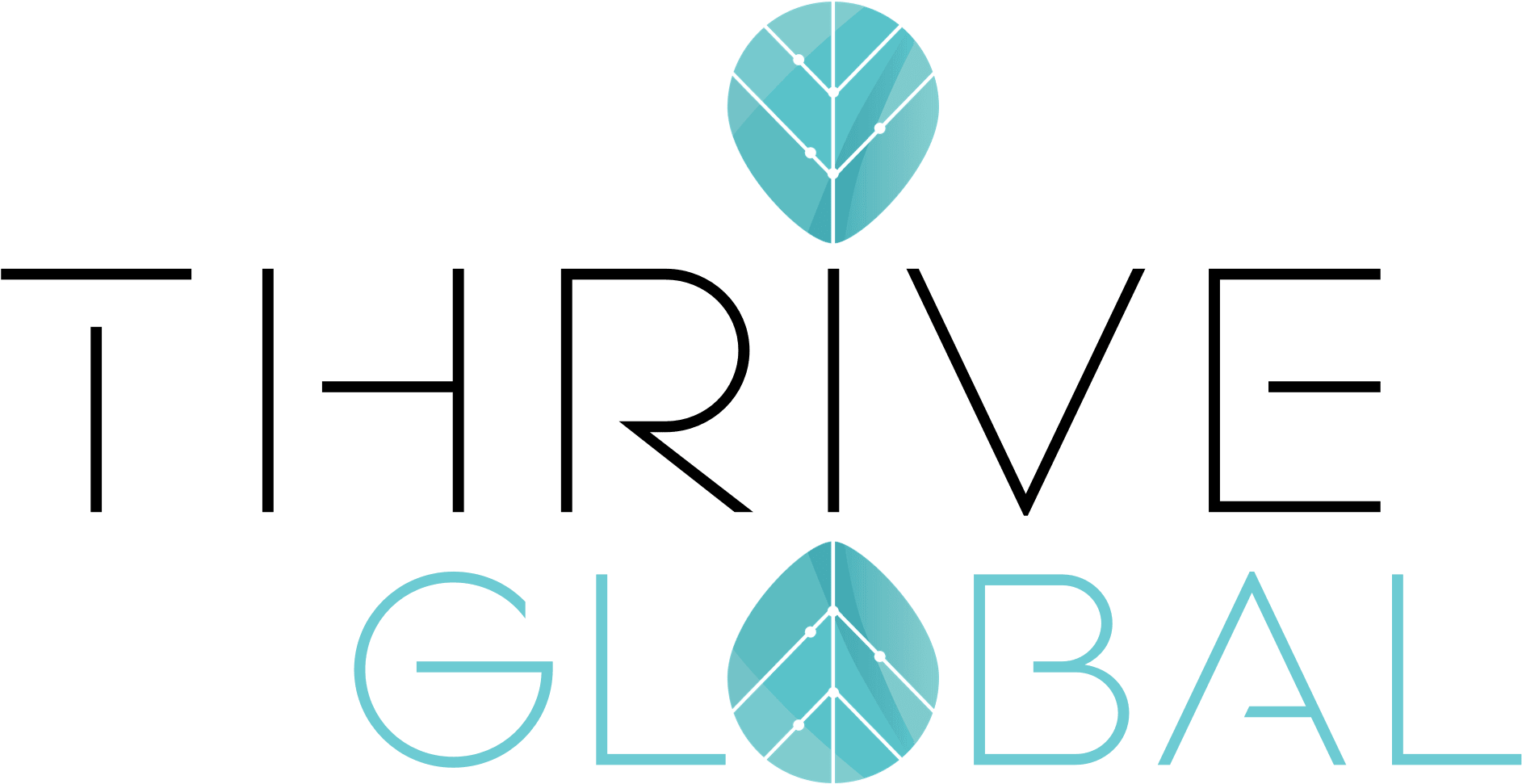 Thrive Global logo with stylized text and blue leaf design.