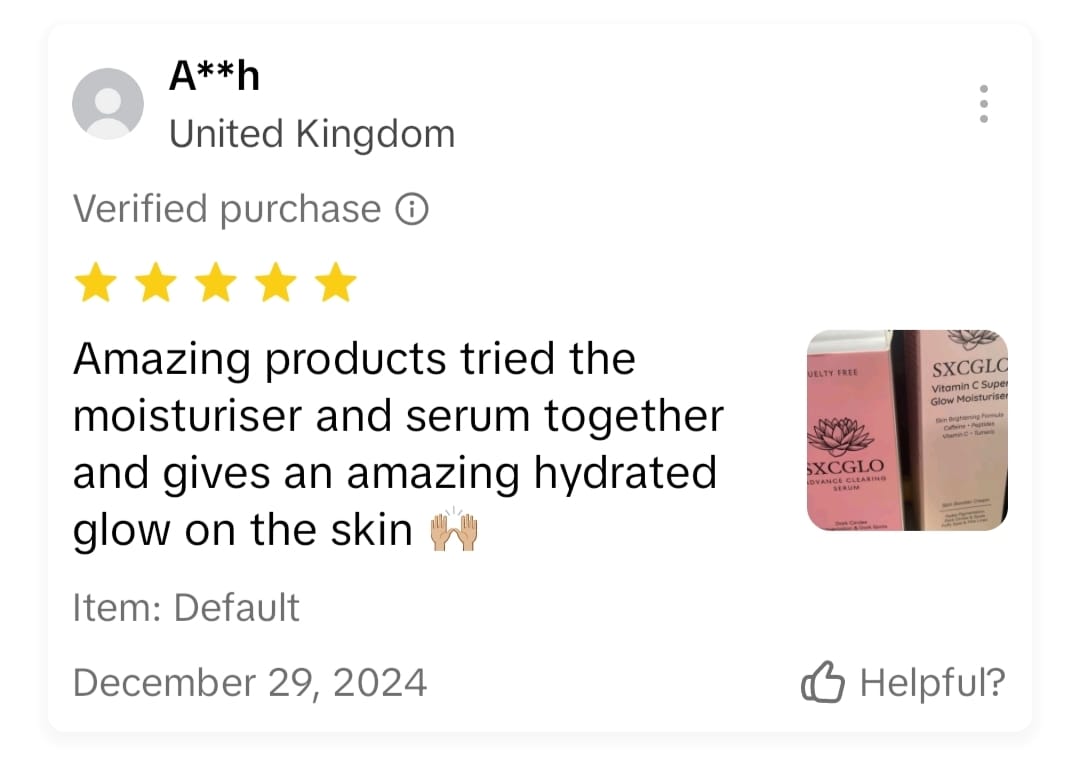 A five-star product review with text and a small image of skincare products.