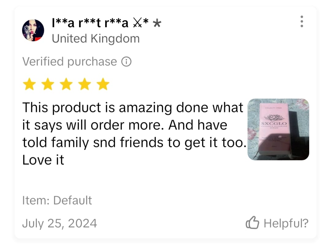 Five-star product review with a pink box image, user from United Kingdom.
