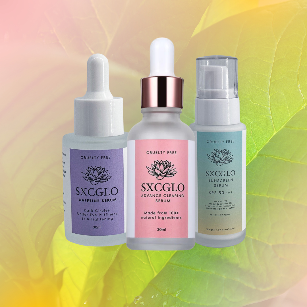 Three SXC GLO skincare serums with colorful labels on a leafy background.