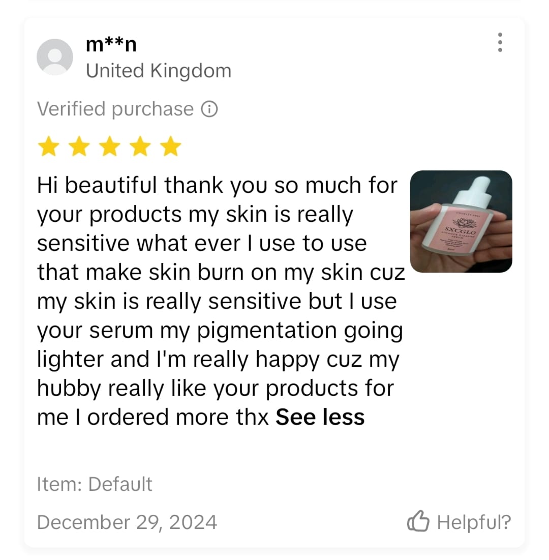 A customer review with a five-star rating and a photo of a skincare serum bottle.