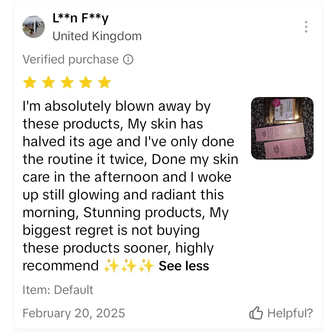 A product review with five stars and a small image of skincare products.