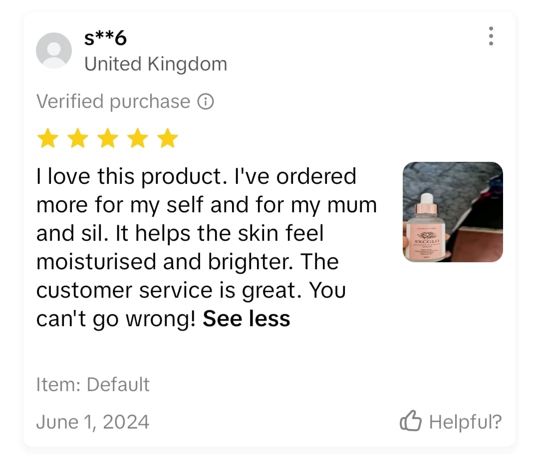 Product review with five stars and a small image of a skincare bottle.
