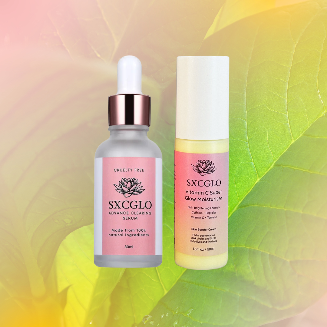 Two skincare bottles labeled SXC GLO on a leafy background.