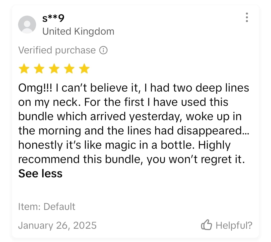 A five-star product review with text praising a skincare bundle.