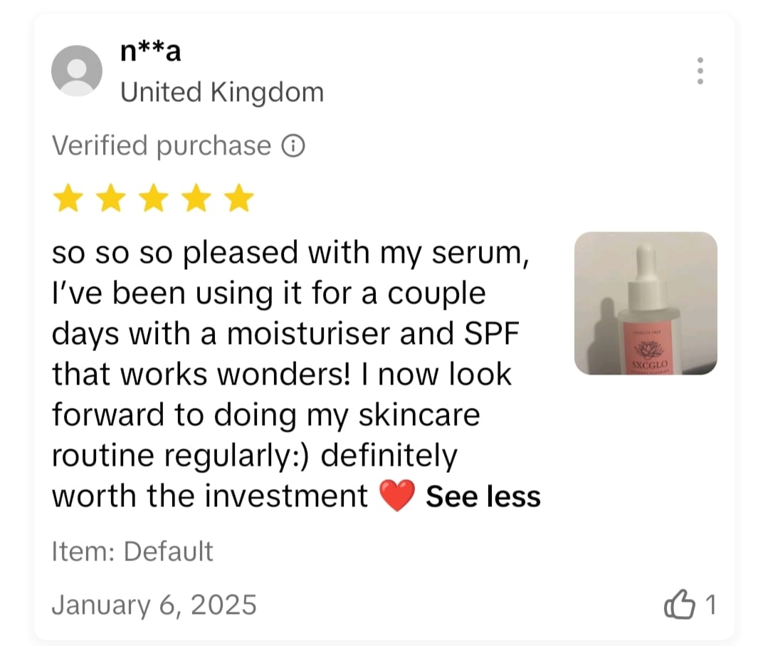 A five-star review of a skincare serum with a small product image.