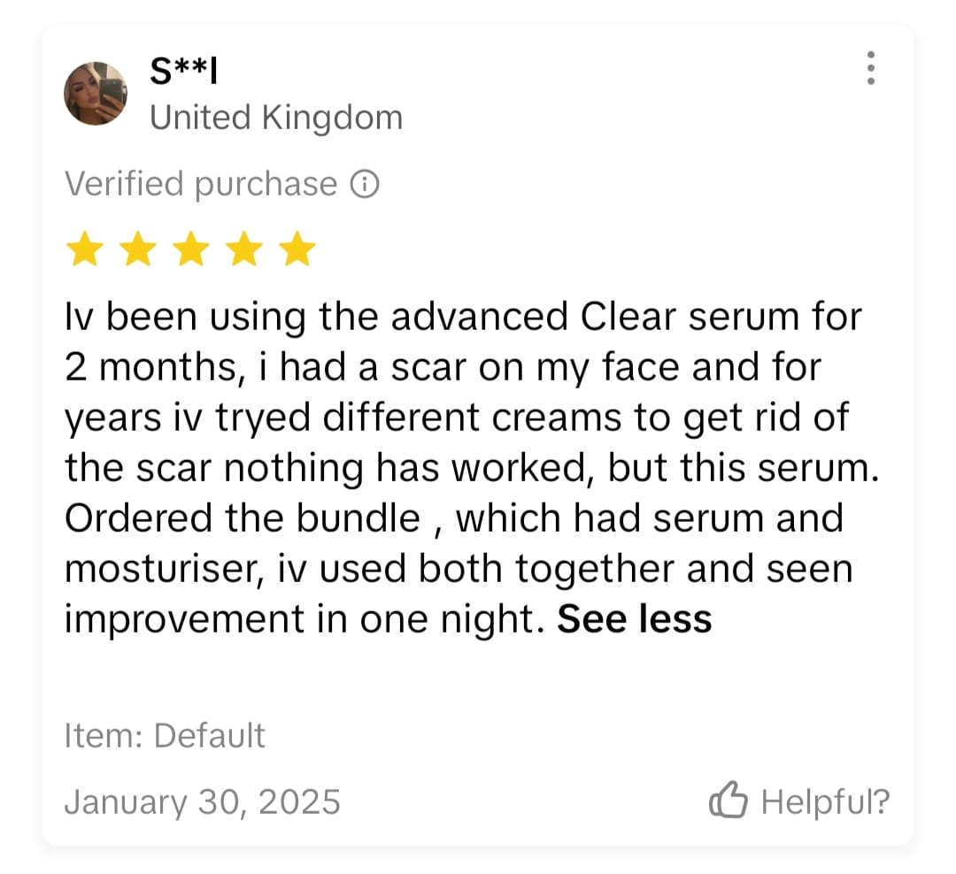 A five-star product review praising a serum for scar improvement.