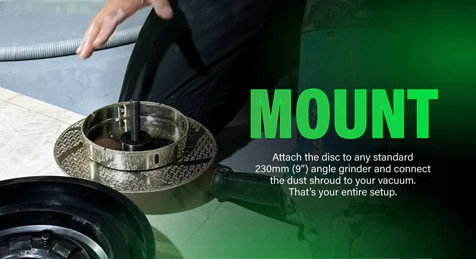 A person prepares to mount a circular diamond grinding disc onto an angle grinder, with instructional text overlay.