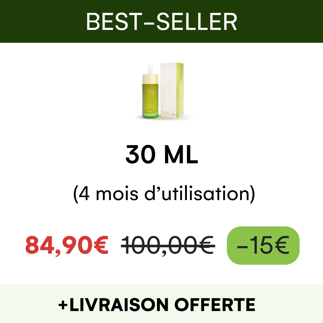 Product advertisement for a 30ml bottle with discounted price and free delivery.