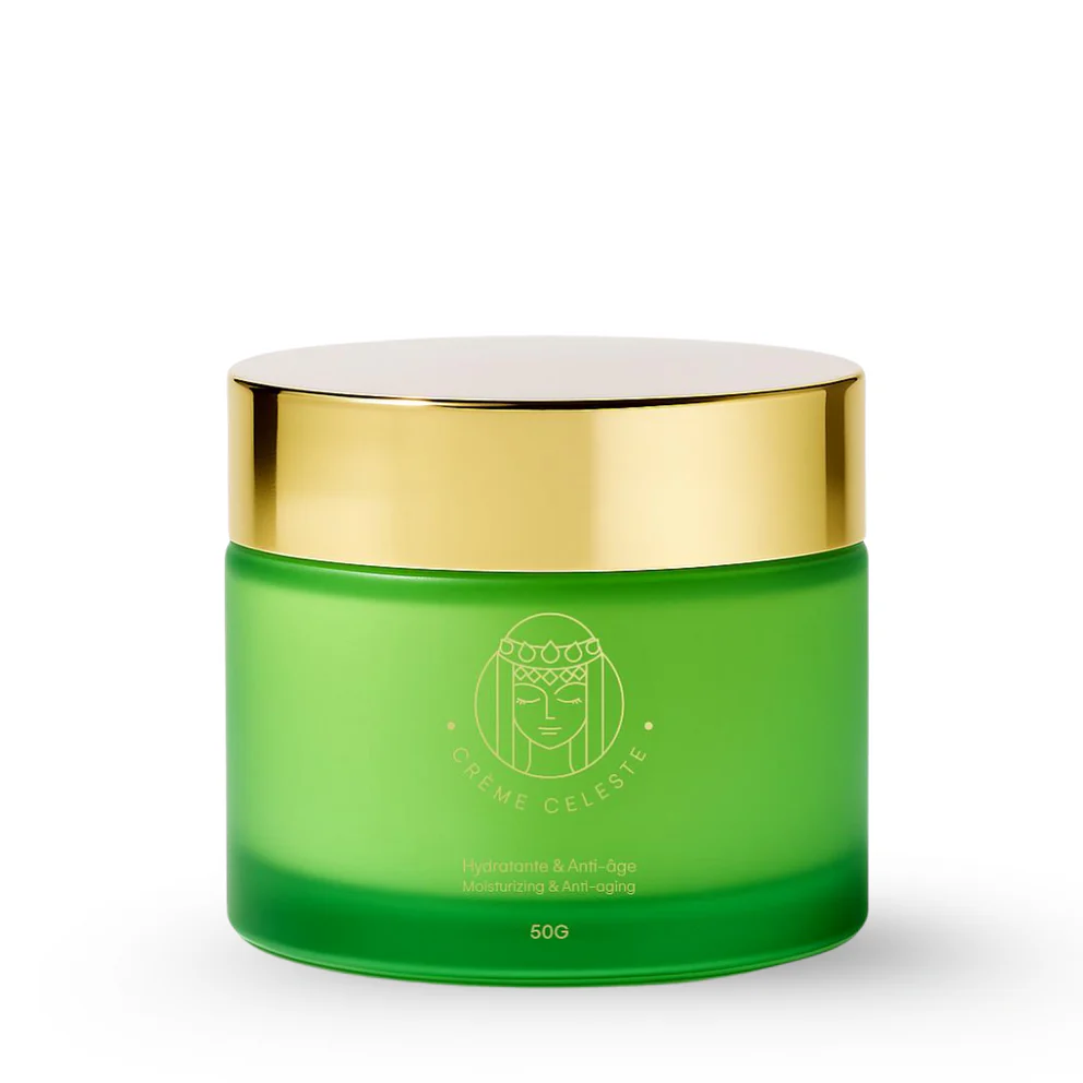 Green jar with gold lid labeled 'Crème Celeste' for moisturizing and anti-aging.