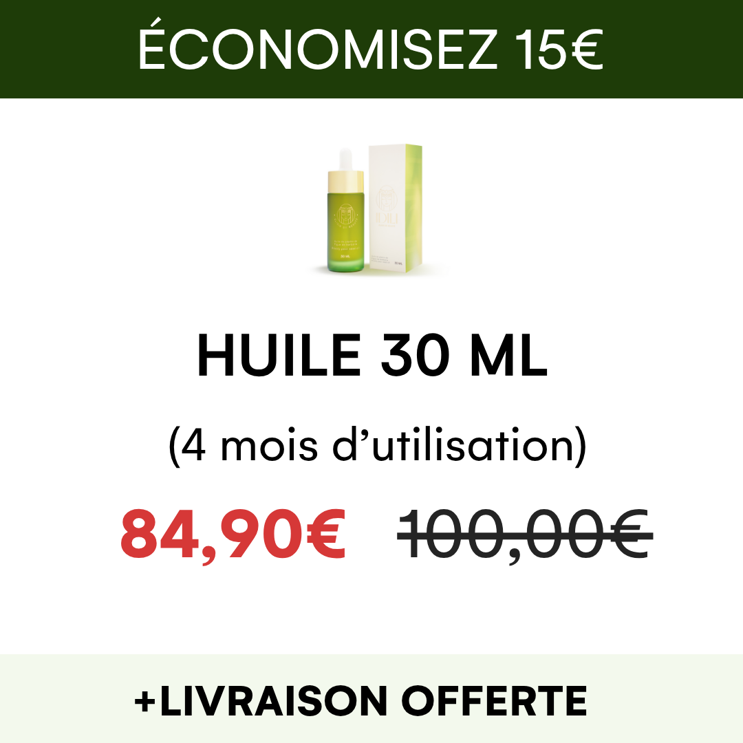 Promotional image for 30ml oil with discounted price and free delivery offer.