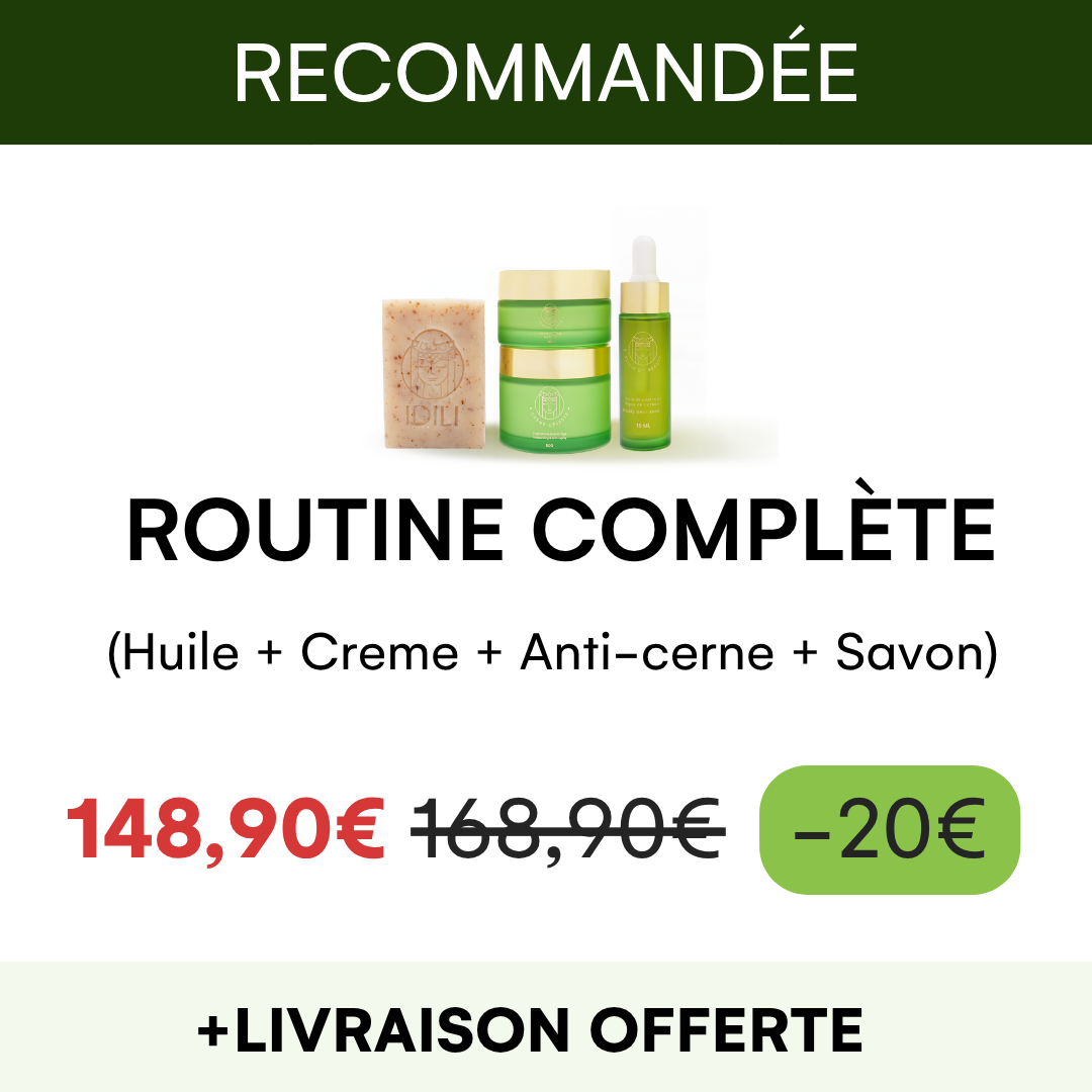 Skincare product set with oil, cream, anti-dark circle serum, and soap, priced at 148.90€.