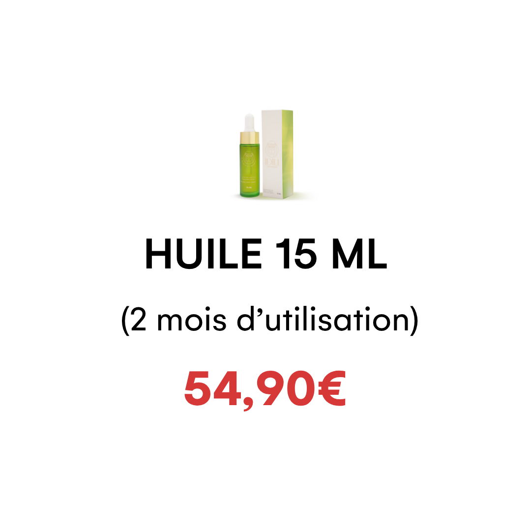 Green bottle with box, text: 'HUILE 15 ML, 54,90€'.