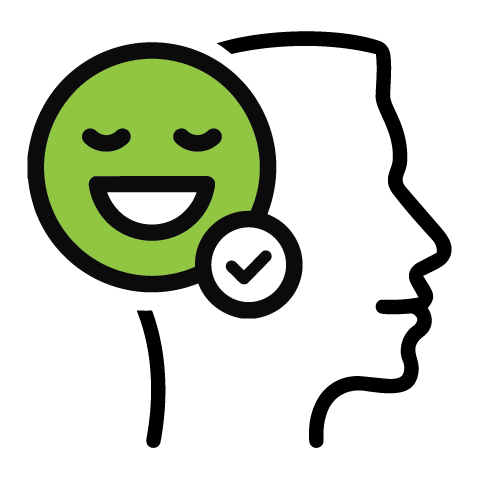 A line art icon of a human head silhouette containing a green smiling face and a checkmark.