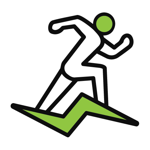A stylized icon of a person running on a green lightning bolt.