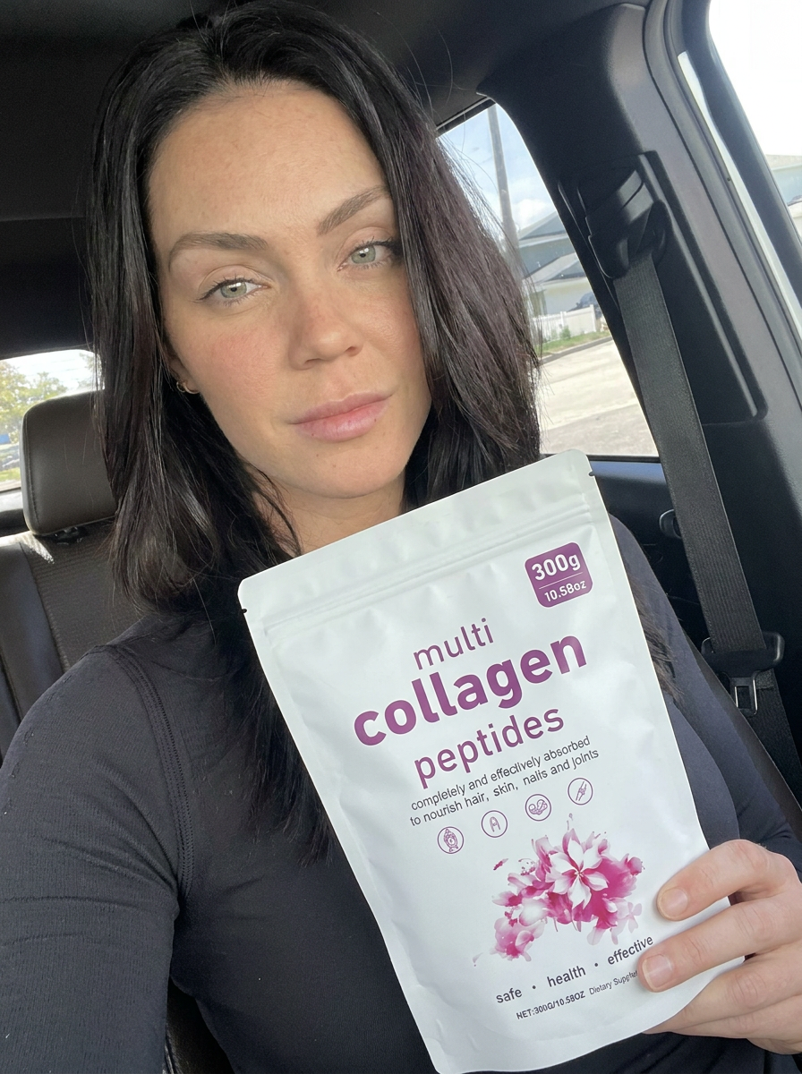 A woman with dark hair sits in a car holding a white pouch of multi collagen peptides.