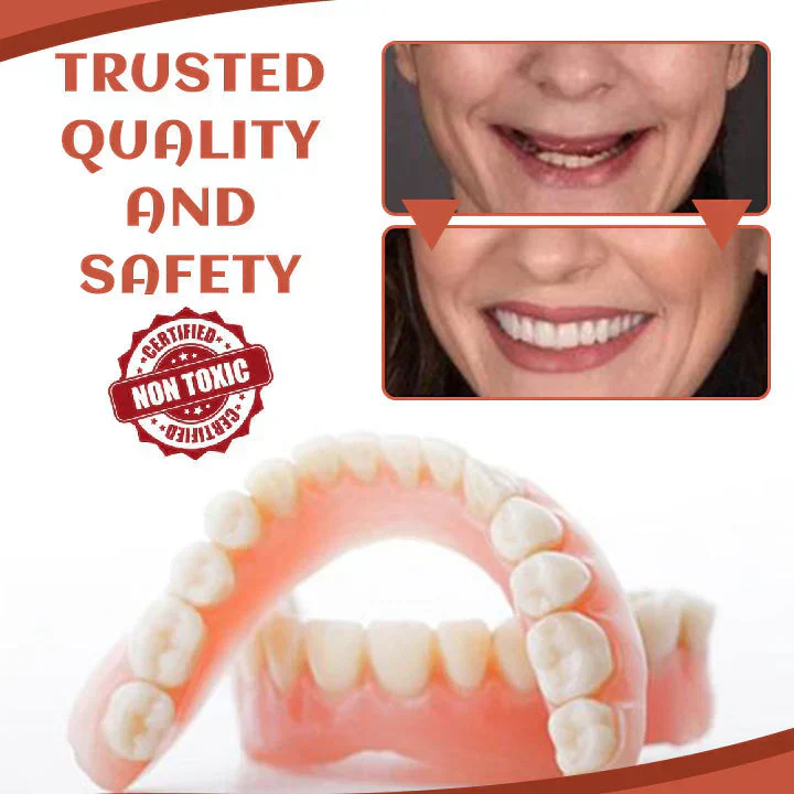 Ad showing dental veneers with before and after photos, featuring text 'Trusted Quality and Safety.'