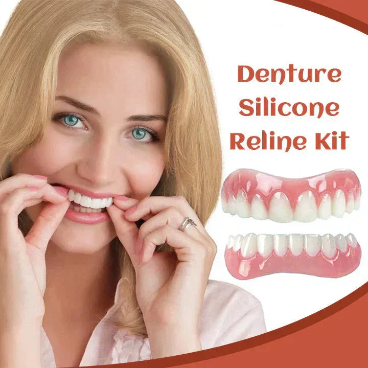 Woman adjusting dentures with images of denture silicone reline kit.