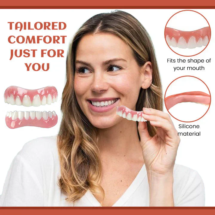 Woman holding a silicone tooth cover, showing dental comfort features.