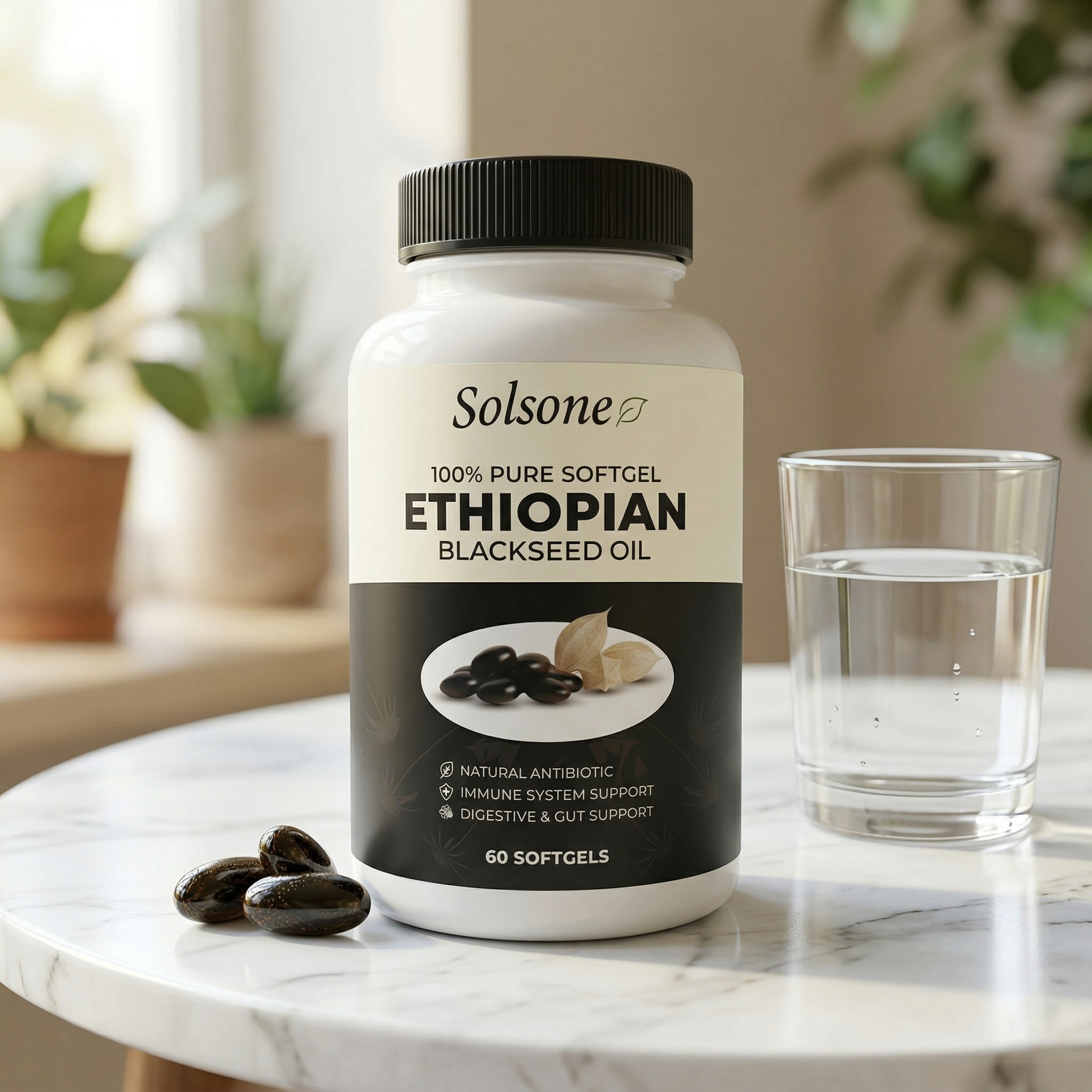 A bottle of Solsone Ethiopian Blackseed Oil softgels on a marble table next to a glass of water.