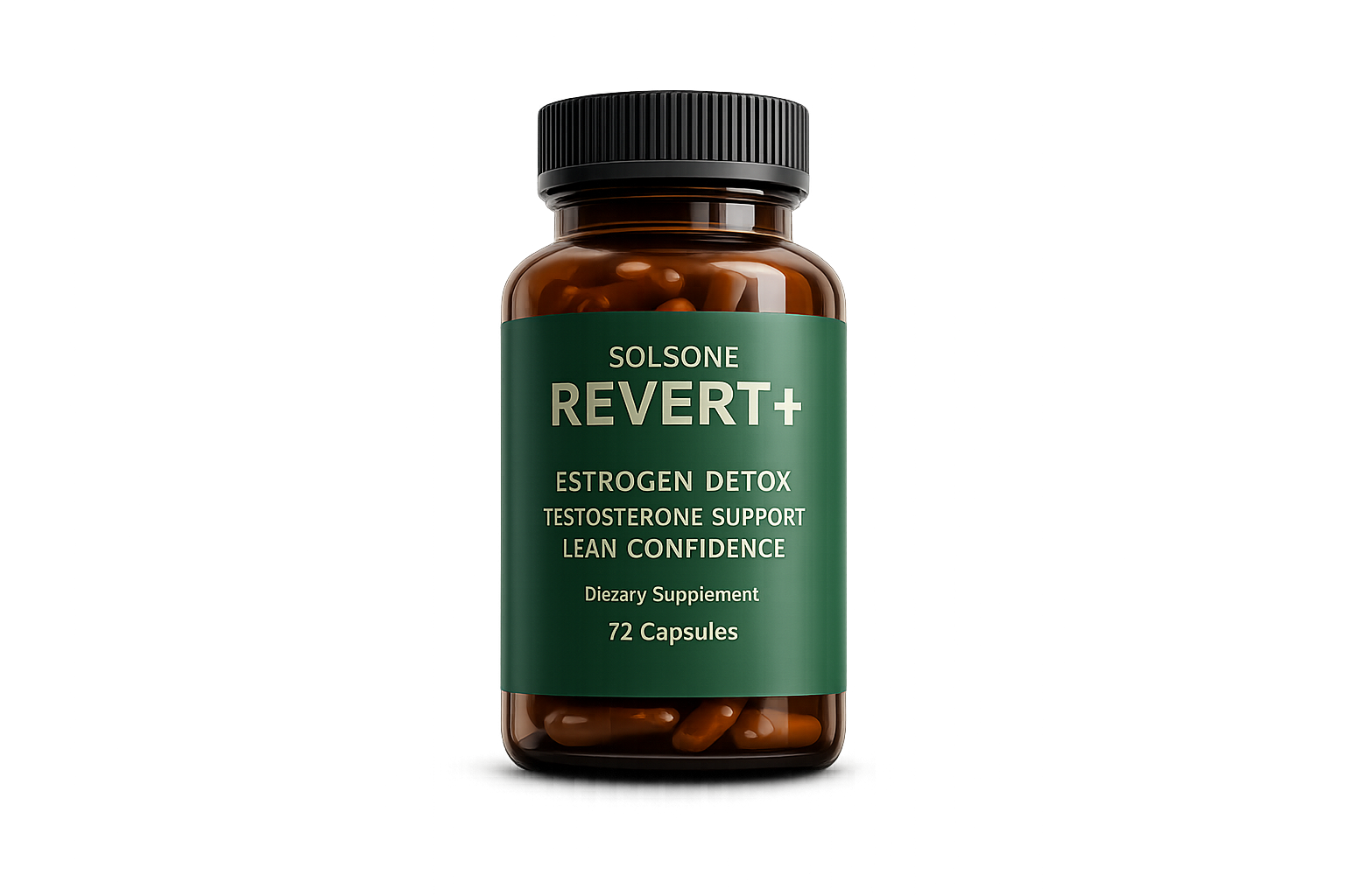 A brown bottle of Solsone Revert+ dietary supplement capsules set against a white background.