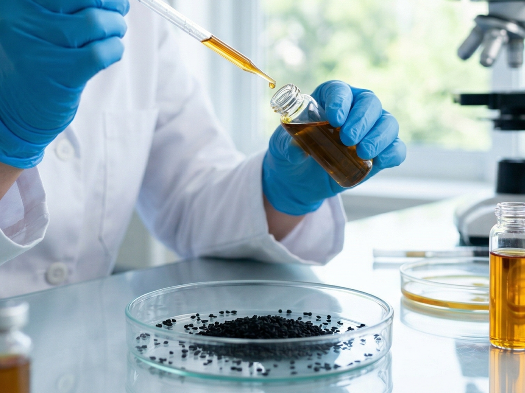 A scientist in a lab coat and blue gloves uses a pipette to transfer amber liquid into a bottle.
