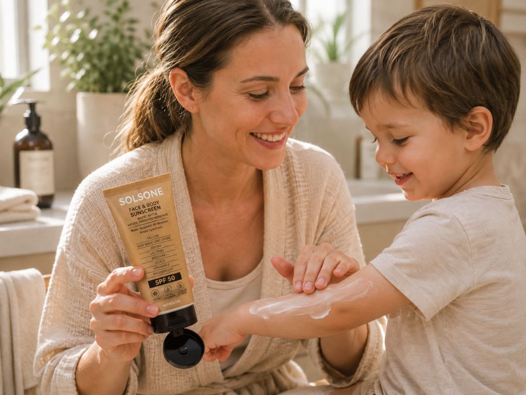 A smiling woman in a robe applies Solsone sunscreen to a young boy's arm.