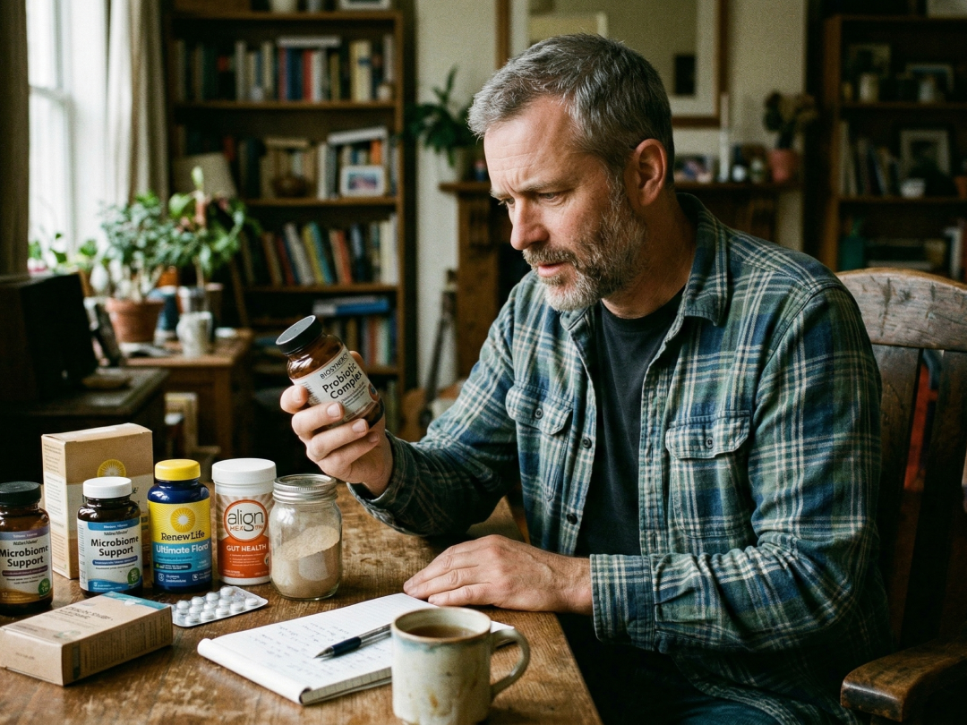 A man in a plaid shirt sits at a wooden table, looking at a bottle of supplements.