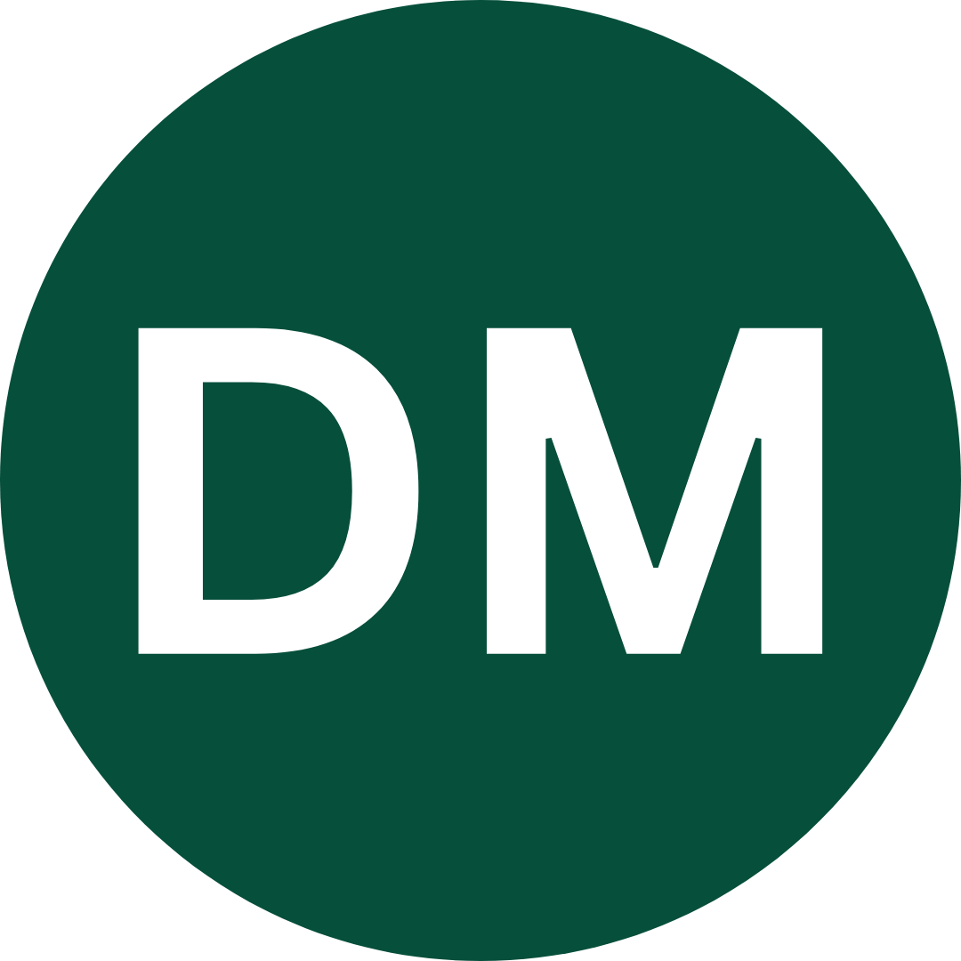 White capital letters DM inside a dark green circle.