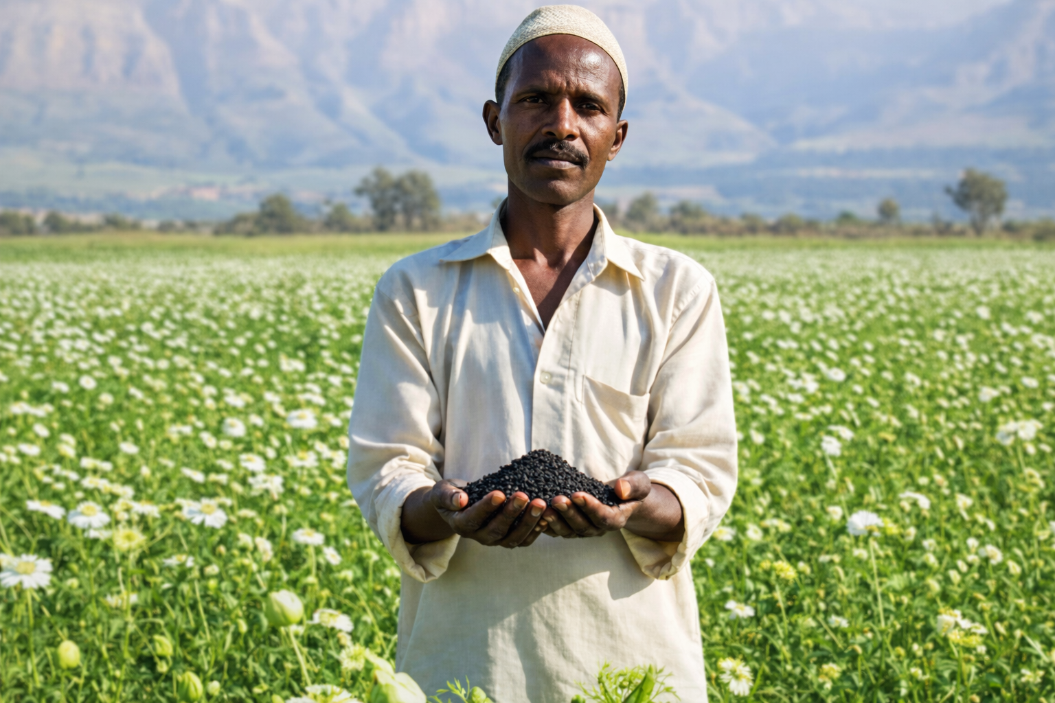 A man in a cap stands in a field of white flowers, holding a handful of black seeds.