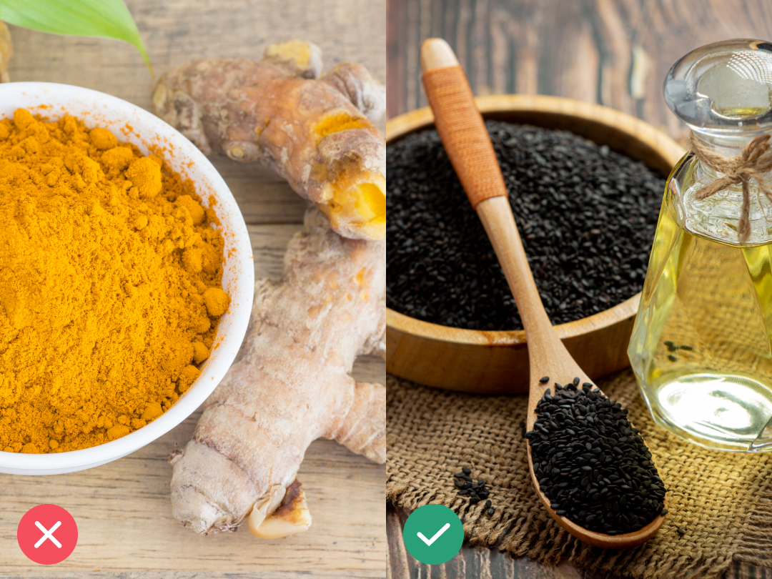 A split image comparing turmeric and ginger with black sesame seeds and oil, marked with an X and checkmark.
