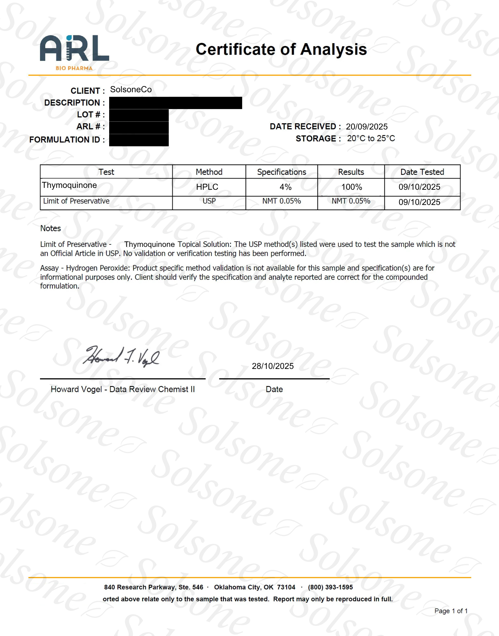 A Certificate of Analysis from ARL Bio Pharma for a client, with some information redacted.