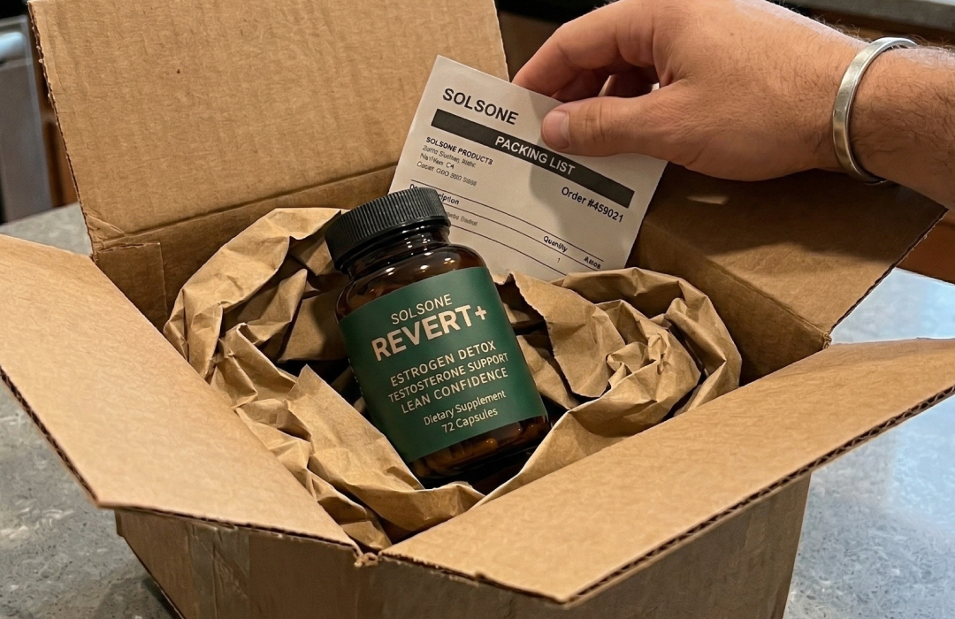 A person unboxes a bottle of Solsone Revert+ dietary supplements from a cardboard shipping box.
