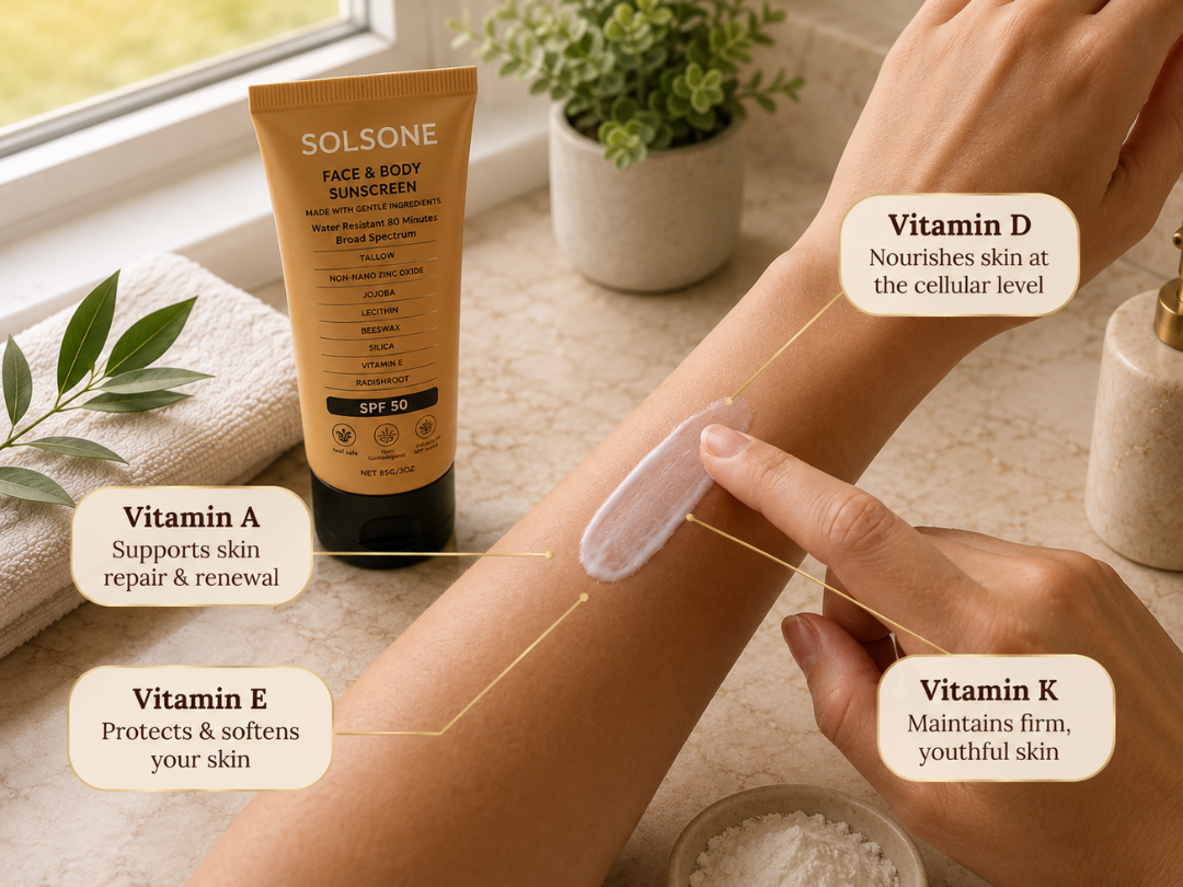 A person applies Solsone sunscreen to their arm, with labels showing the skin benefits of different vitamins.
