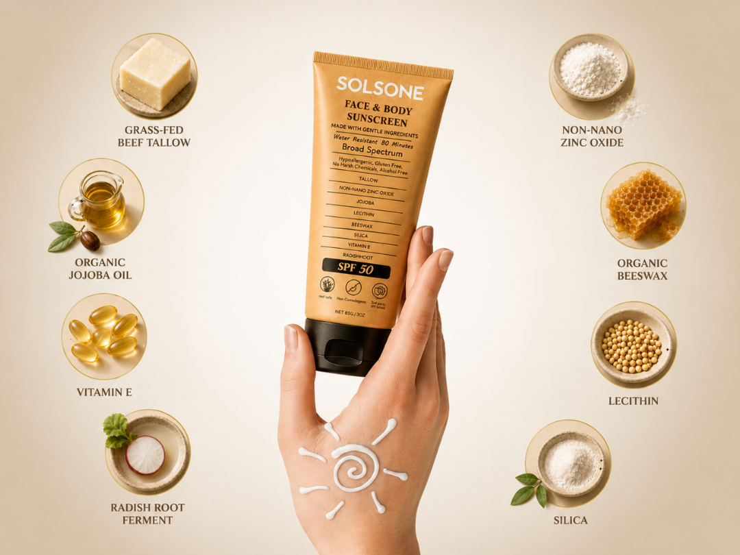A hand holds a tube of Solsone sunscreen, surrounded by images of its ingredients.