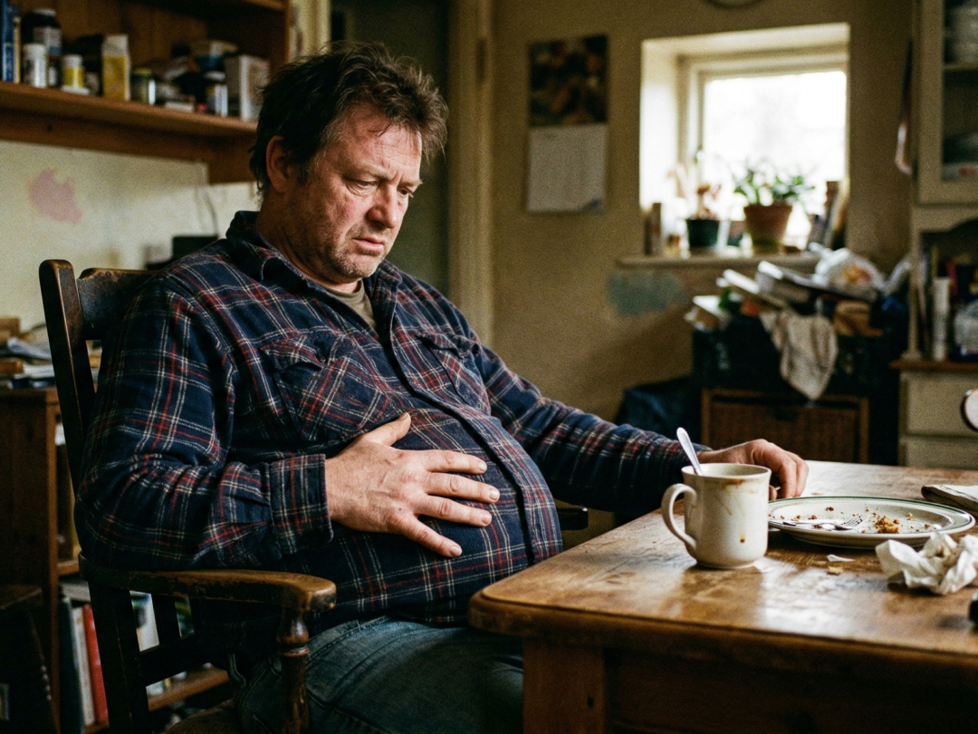 A man in a plaid shirt sits at a table, holding his stomach with a pained expression.