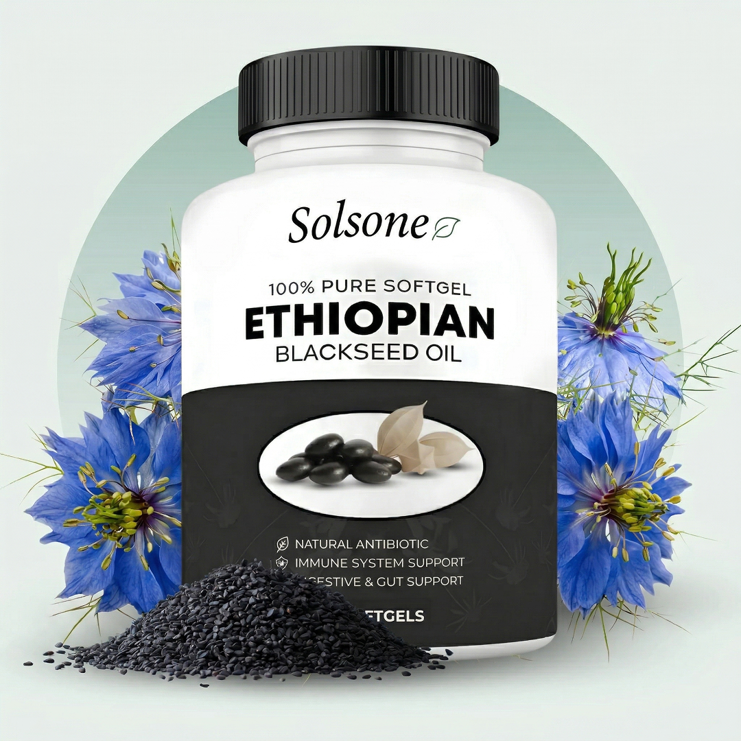 A bottle of Solsone Ethiopian Blackseed Oil softgels with a pile of black seeds and blue flowers.
