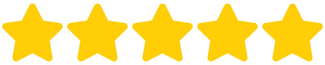 Five yellow stars in a row on a transparent background.