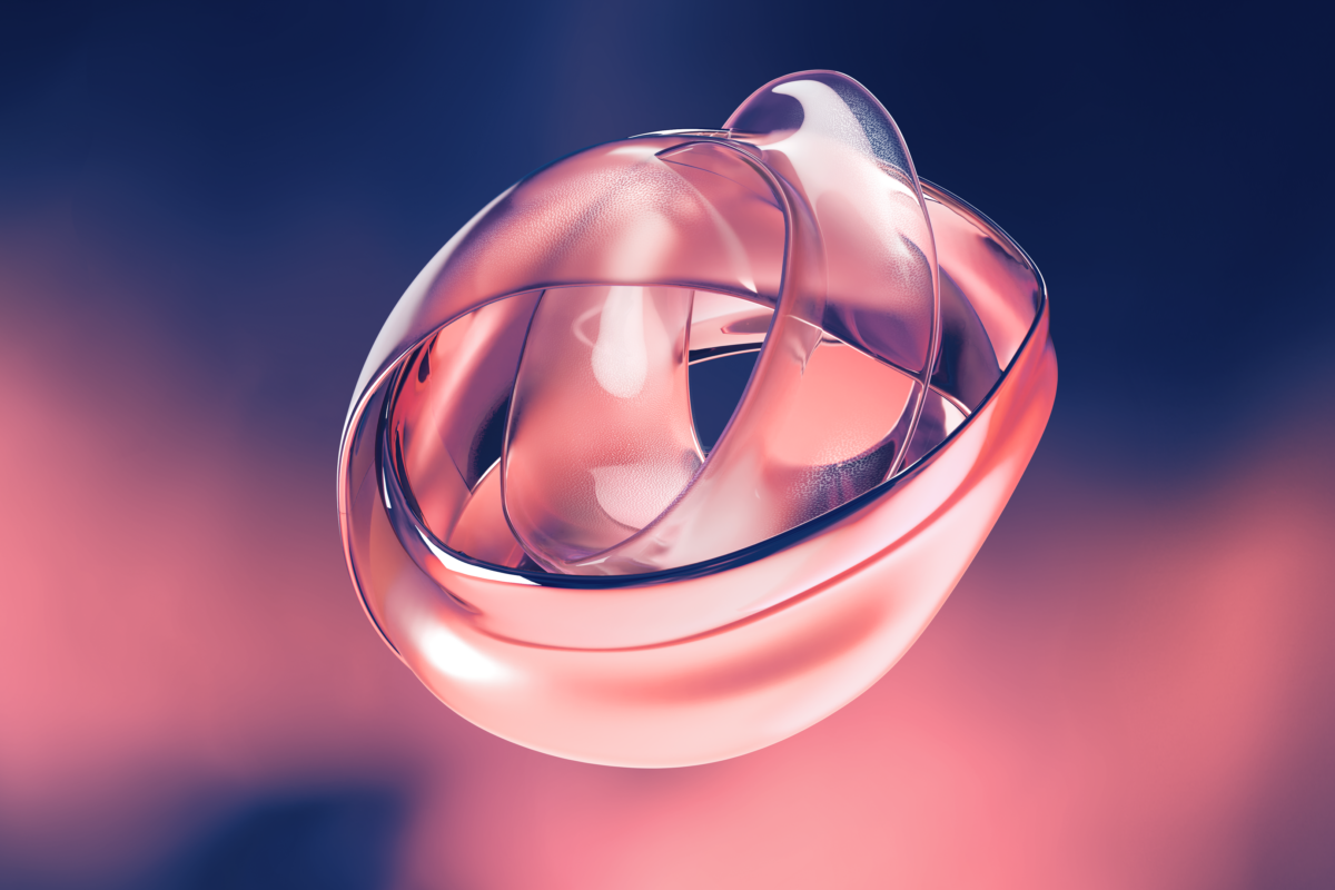 Abstract pink and transparent glass-like shape on a blue and pink gradient background.