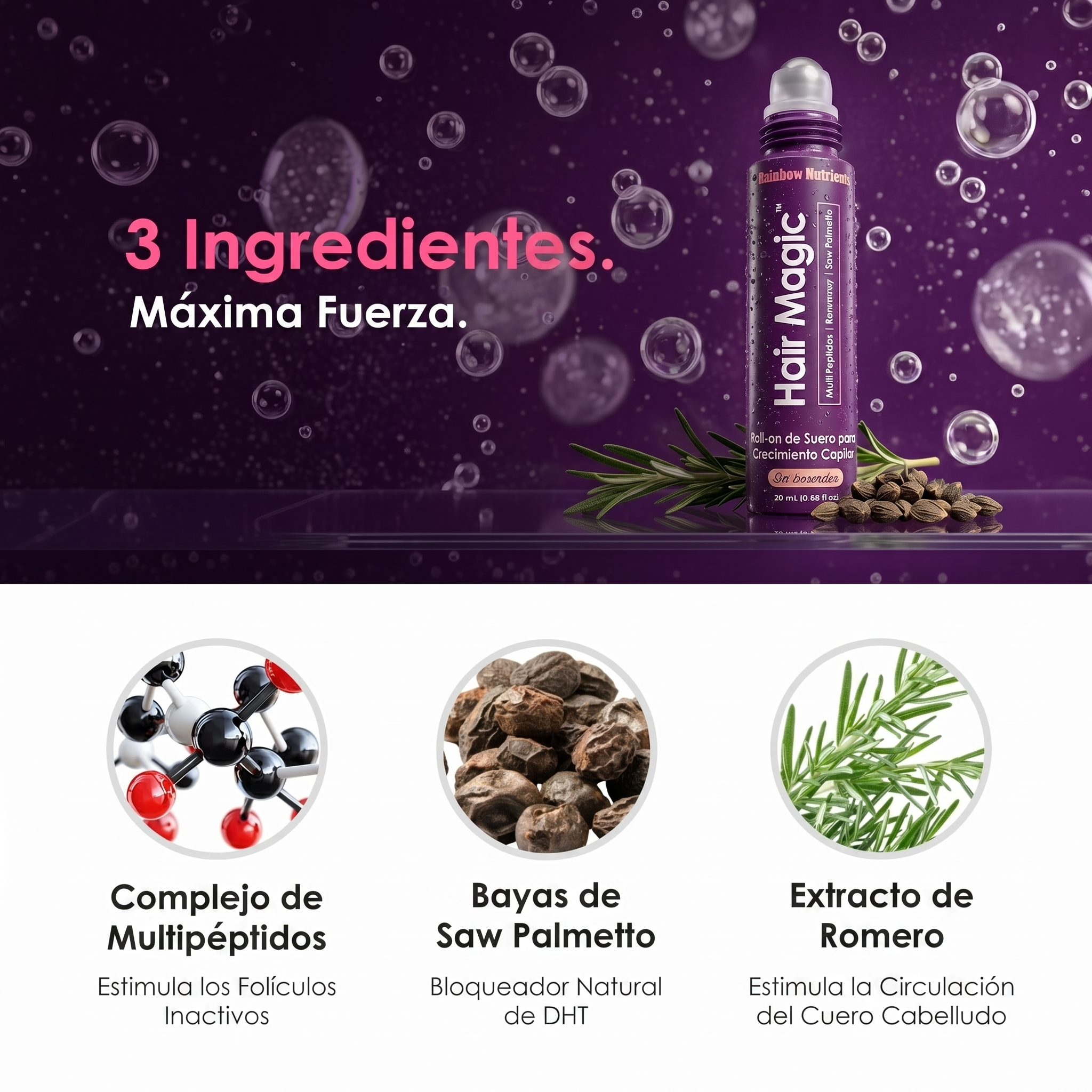 An ad for Hair Magic serum showing the bottle and its ingredients: peptides, saw palmetto, and rosemary.