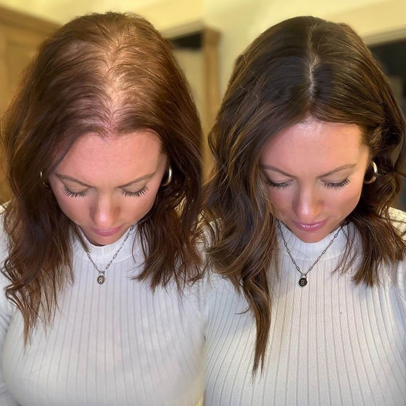 Side-by-side comparison of a woman's hair before and after treatment.