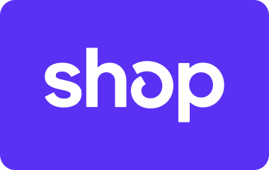 White text 'shop' on a purple background.