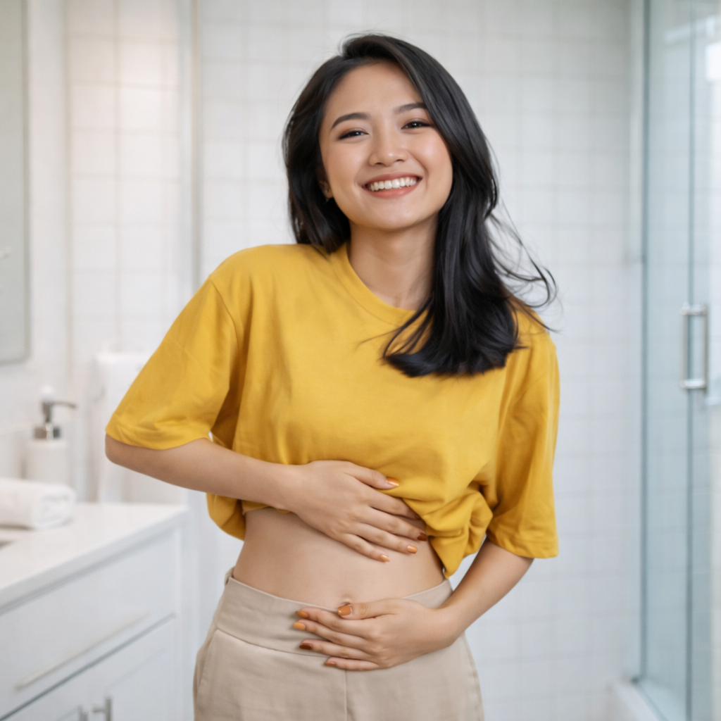A smiling young woman in a yellow shirt holds her stomach while standing in a bathroom.