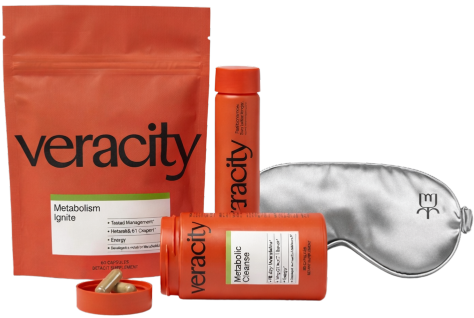Veracity brand metabolism supplements in orange packaging, next to a silver silk sleep mask on a white background.